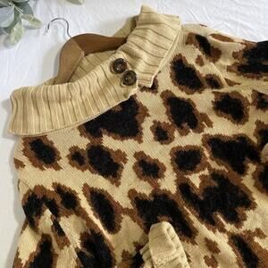 Northern Isles Sweater Leopard Print Knit Mock Neck Pullover Size XL